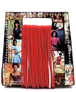 Magazine Cover Collage Fringe Studded Satchel OA2735 MT RED